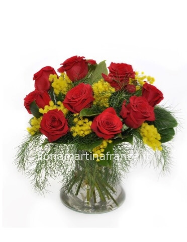 Bouquet di rose rosse e mimosa, minimo 7 steli