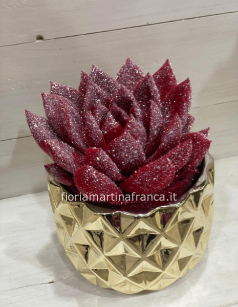 Pianta vera glitterata con vaso dorato o rosso a scelta.